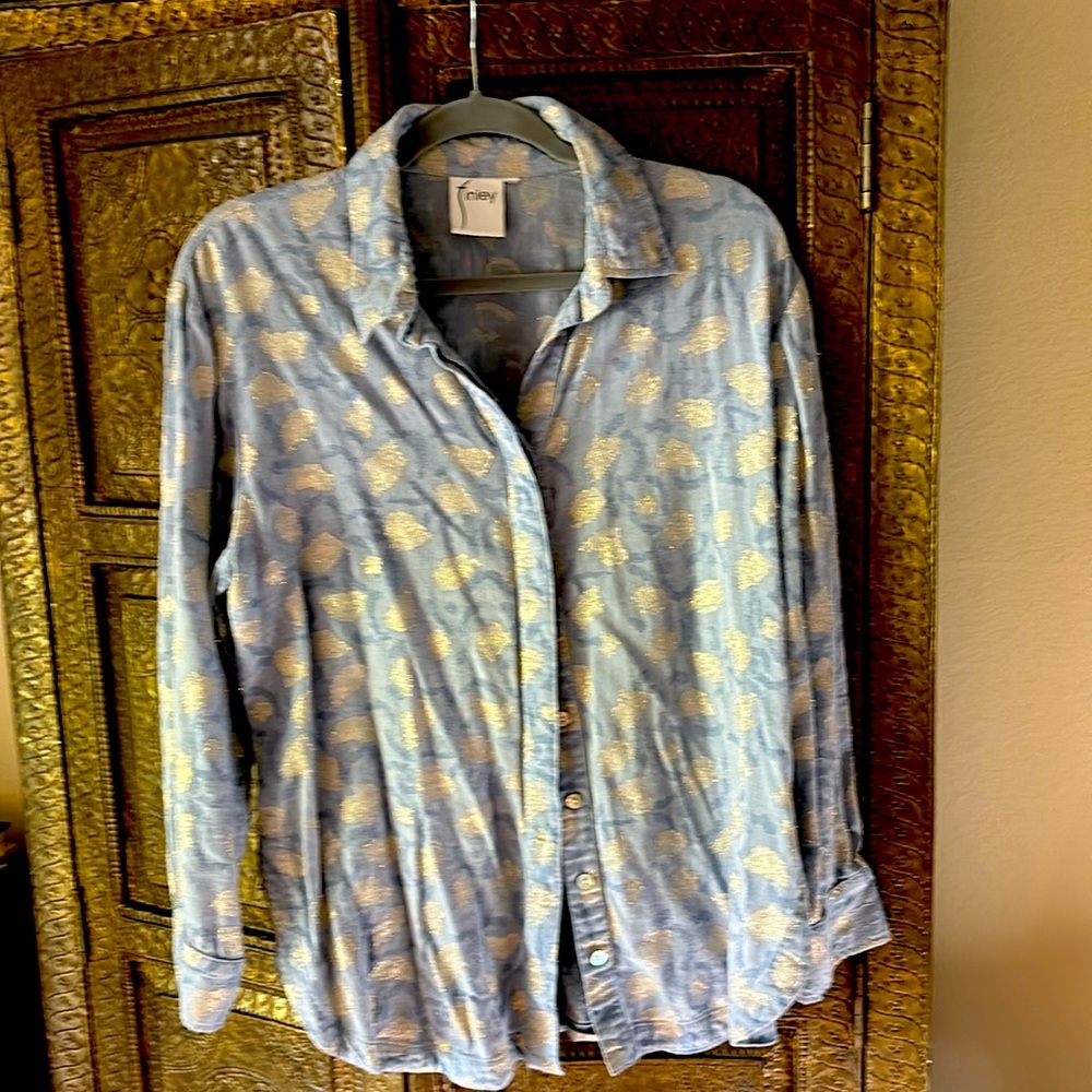 Finley blue with silver motif long sleeve cotton blouse